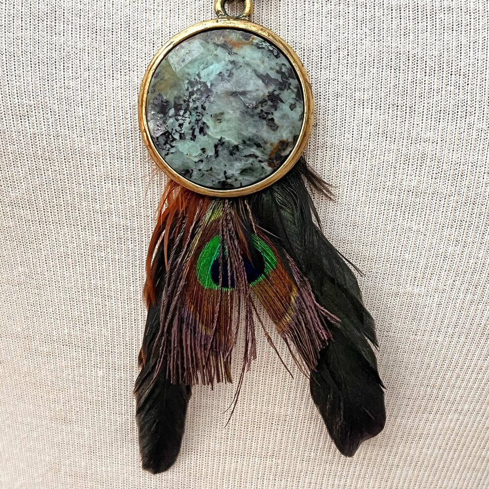 Vintage Leatherock Stone and Peacock Feather Leather Bohemian Statement Necklace
